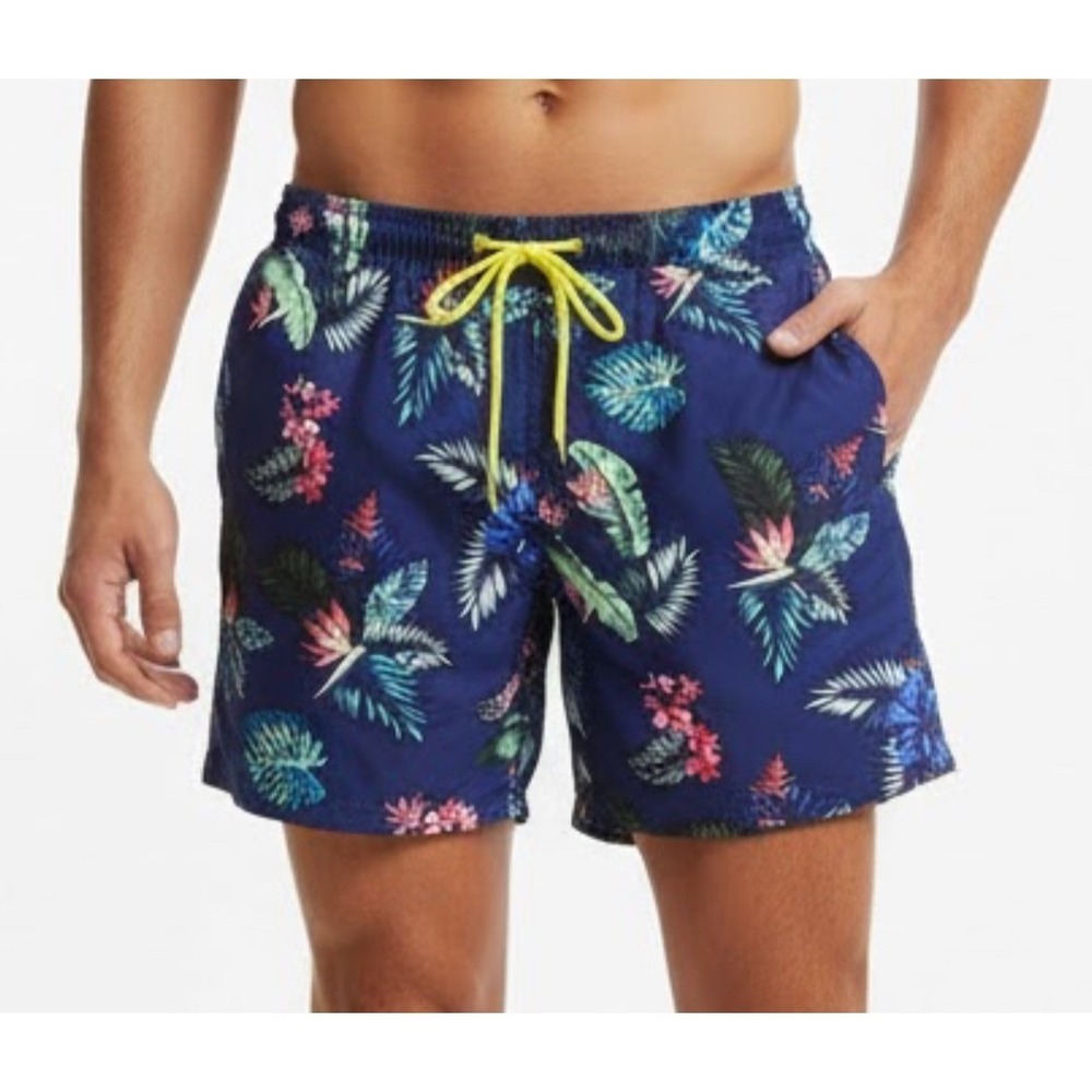Banana Boat Men's Large Swim Trunks Blue‎ Tropical Floral Print Elastic UPF50